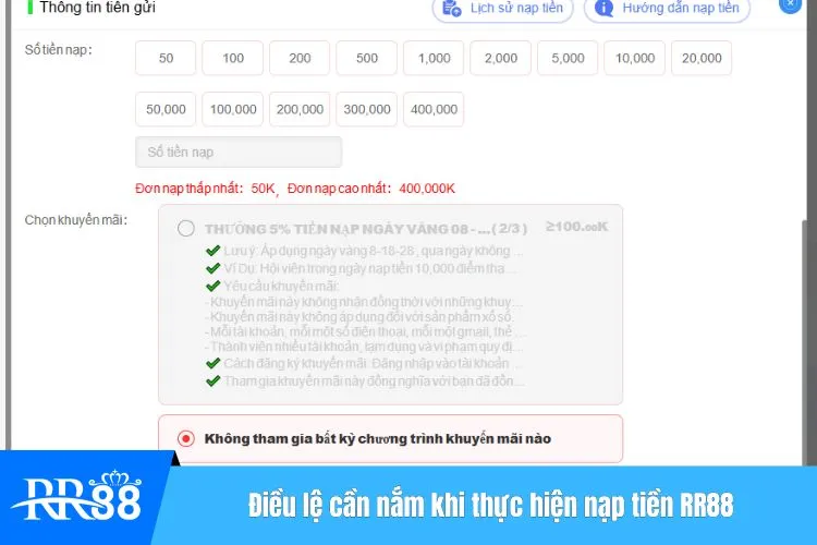 Điều lệ cần nắm khi thực hiện nạp tiền RR88